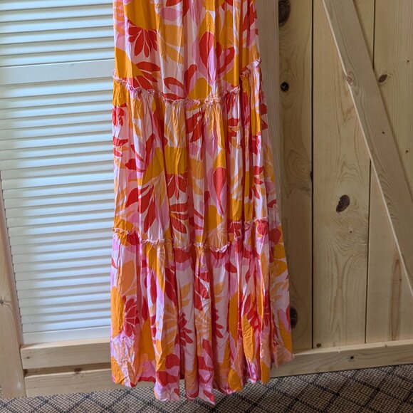 Abel The Label Floral Maxi Dress Womens Medium Smocked Tiered Sleeveless Orange - Picture 2 of 10